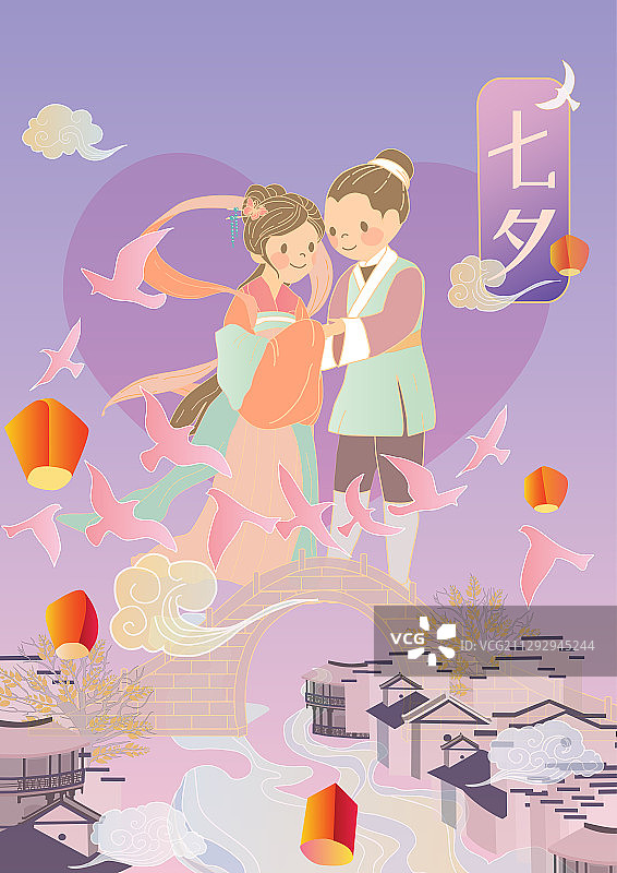 七夕牛郎织女Q版鹊桥古建筑竖版有字图片素材