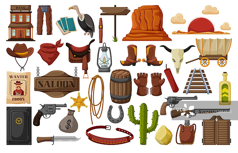 狂野西部卡通套装图标图片素材