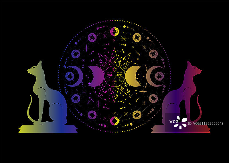 三重月亮和猫咪的异教威卡女神符号图片素材