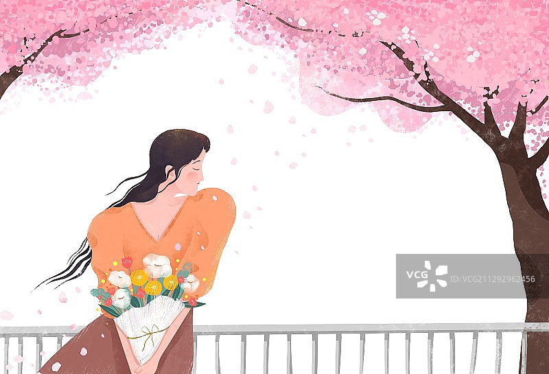 樱花下的少女图片素材