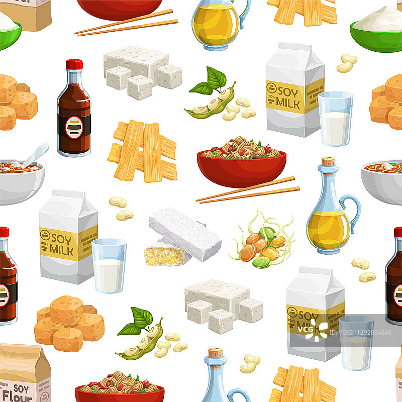 黄豆、豆奶、豆油和豆腐无缝图案图片素材