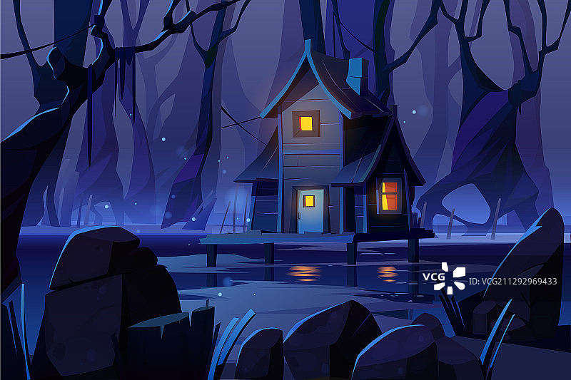 夜间森林沼泽上的神秘木制高脚屋图片素材