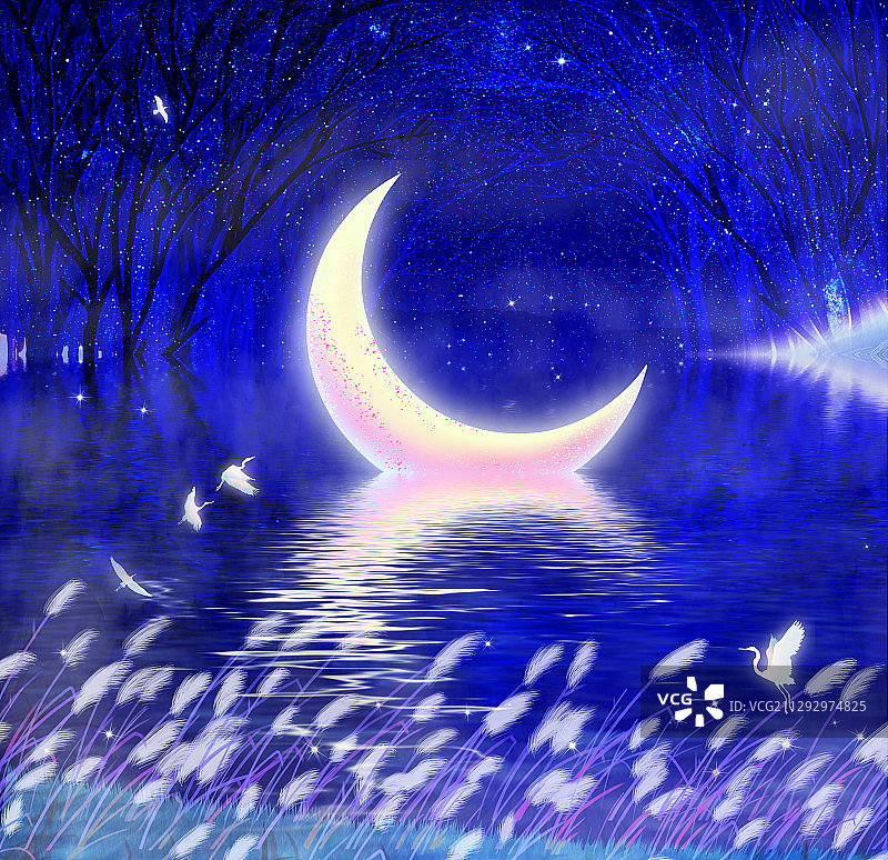 夜晚森林里月亮躺在湖面上形成倒影插画图片素材