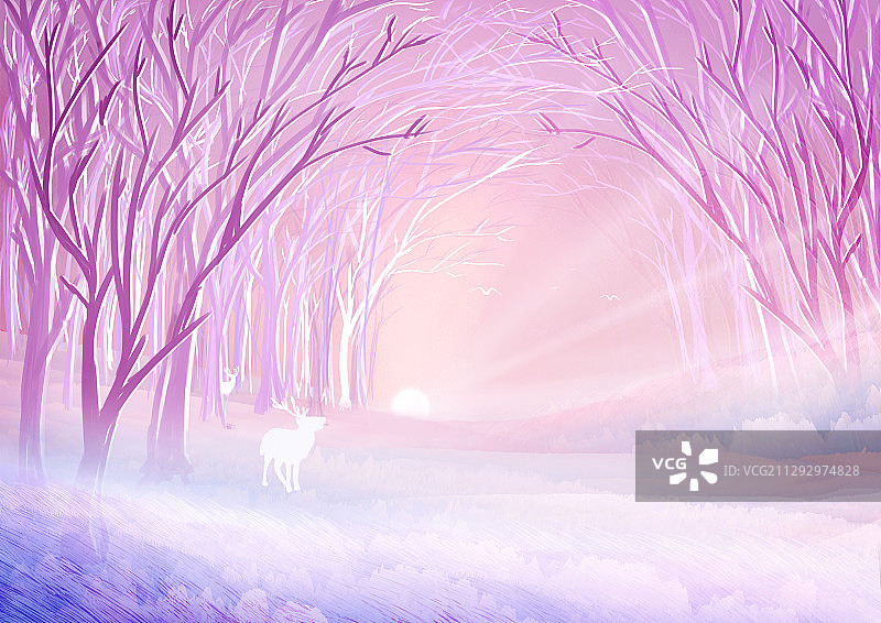 早晨森林里的小鹿看着刚升起的太阳插画背景图片素材