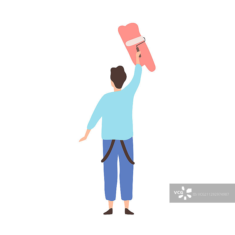 拿着油漆滚筒在墙上绘画的卡通男人图片素材