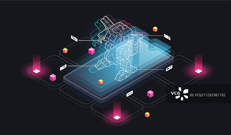 手机游戏：手机屏幕上的增强现实机器人图片素材