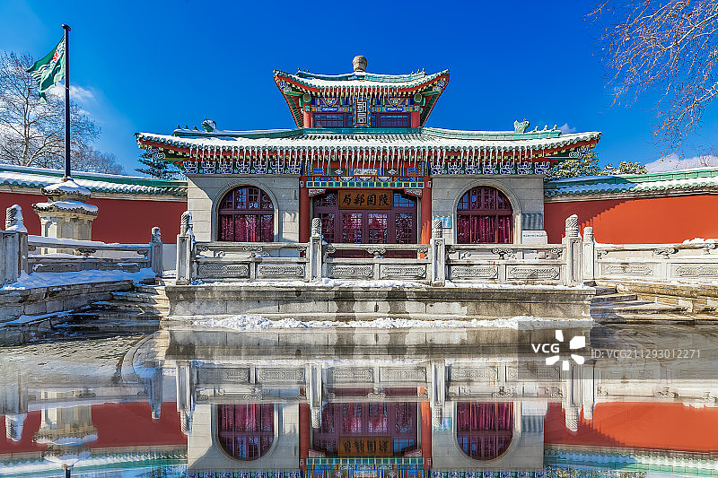 陵园邮局（民国）雪景+南京市玄武区中山陵风景区陵园新村五岔路图片素材