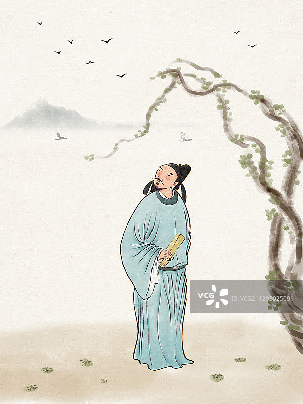 古代诗人江边空旷意境插画图片素材