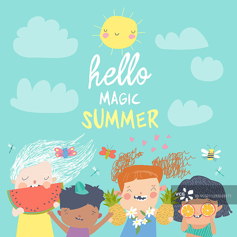 卡通快乐儿童与水果夏日问候图片素材