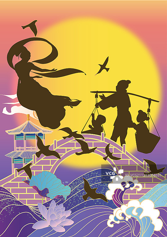 七夕牛郎织女两个孩子海上明剪影竖版无字图片素材