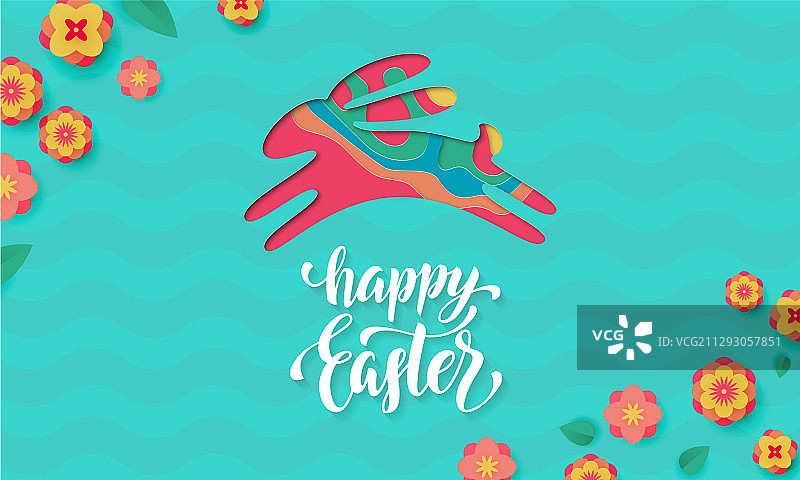 复活节兔子彩色剪纸跳跃造型图片素材