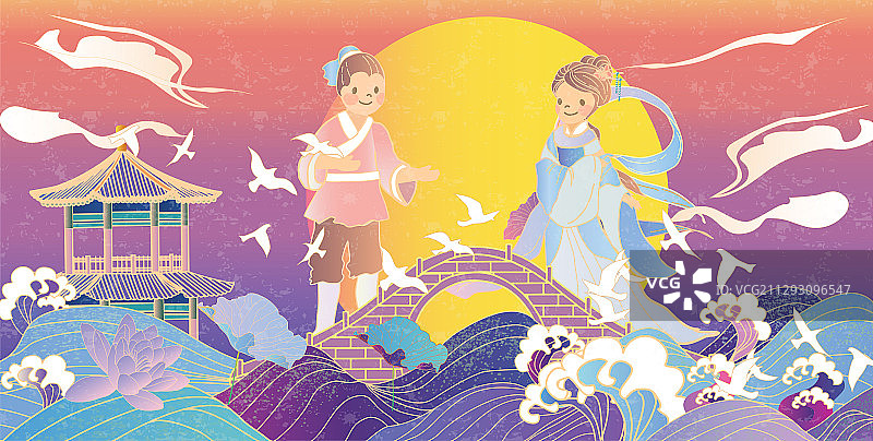 七夕牛郎织女鹊桥海上明月横版无字图片素材