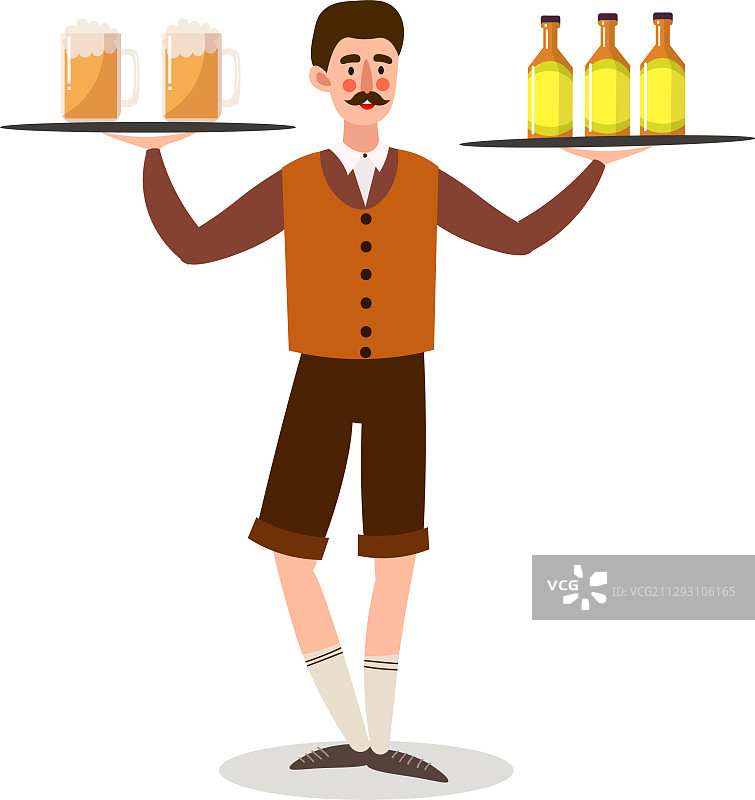 男人服务员在玻璃杯和瓶子里倒啤酒图片素材