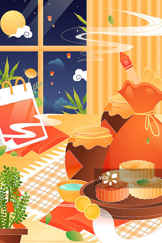 卡通中秋节传统节日庆祝电商促销月饼美食活动中国风矢量插画图片素材