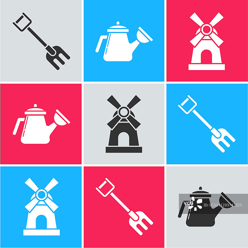 园林耙、喷壶和风车图标图片素材