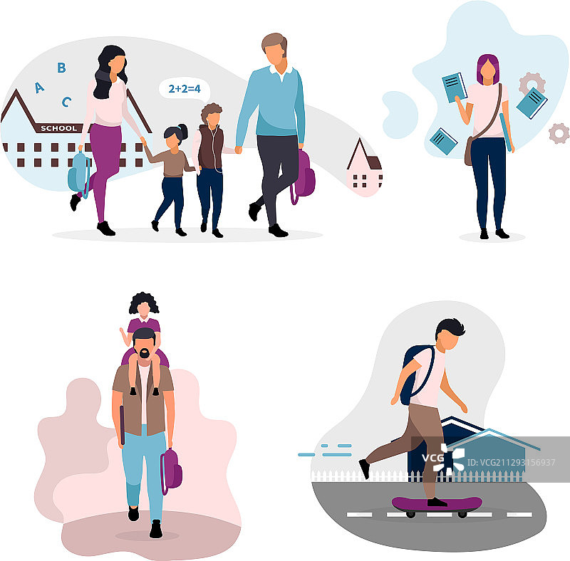 父母和学童返校扁平插画图片素材