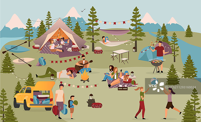 夏令营中的度假者扁平朋友图片素材