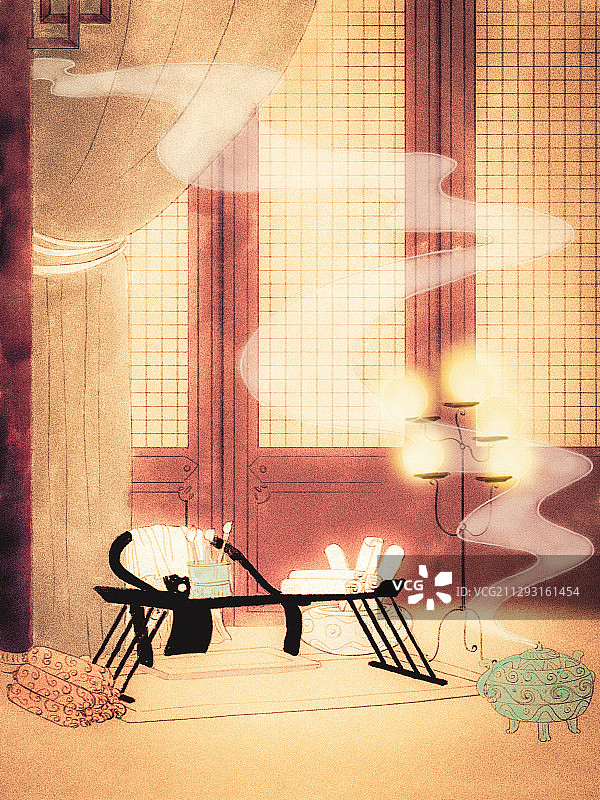 古代室内布景写意插画图片素材