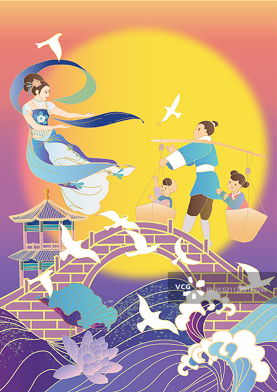 七夕牛郎织女两个孩子鹊桥古建筑矢量竖版无字图片素材