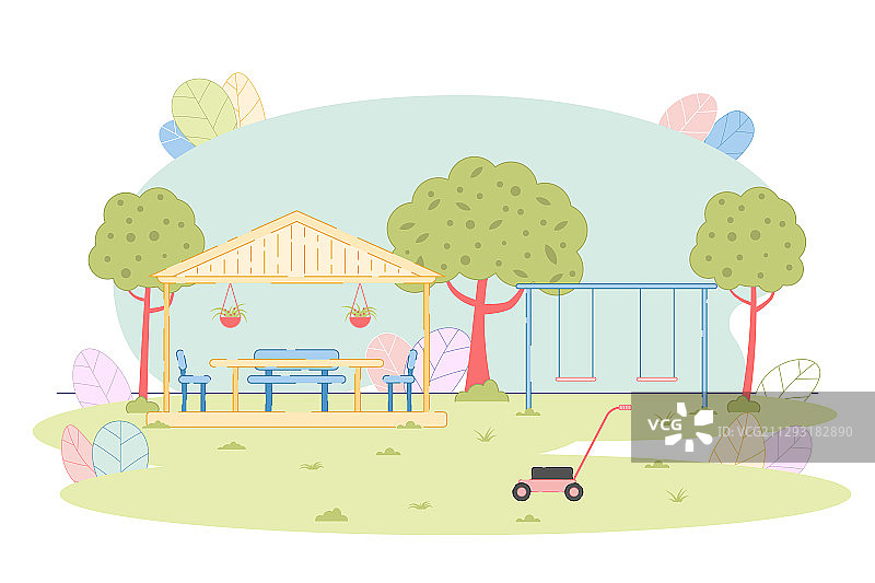 草坪上舒适的木制凉亭和游乐场图片素材