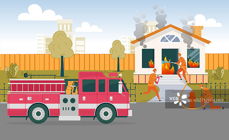 消防队员团队扑灭一层楼房图片素材