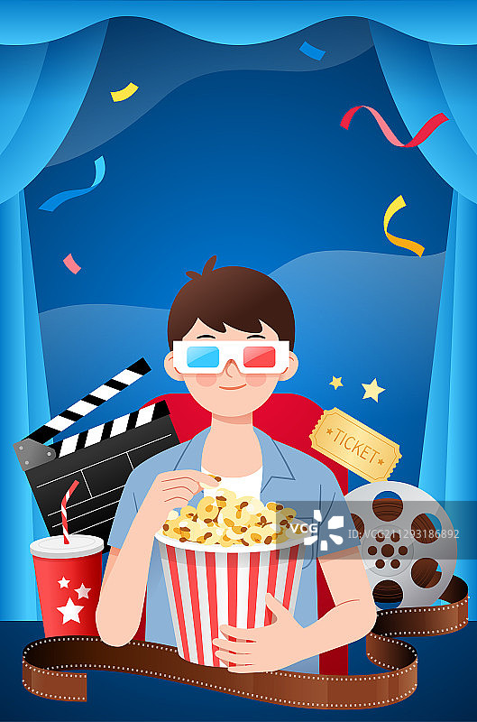 一个吃爆米花看电影的人和蓝色幕布背景图片素材