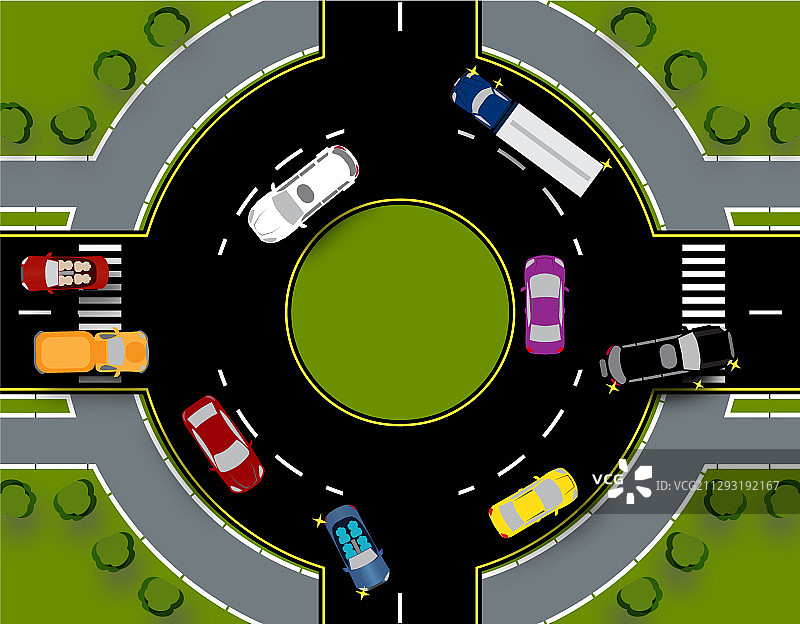有公交车、汽车和卡车的环岛图片素材