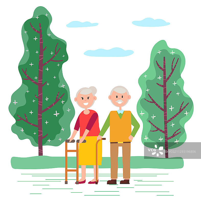 老夫妇在公园里一起散步图片素材