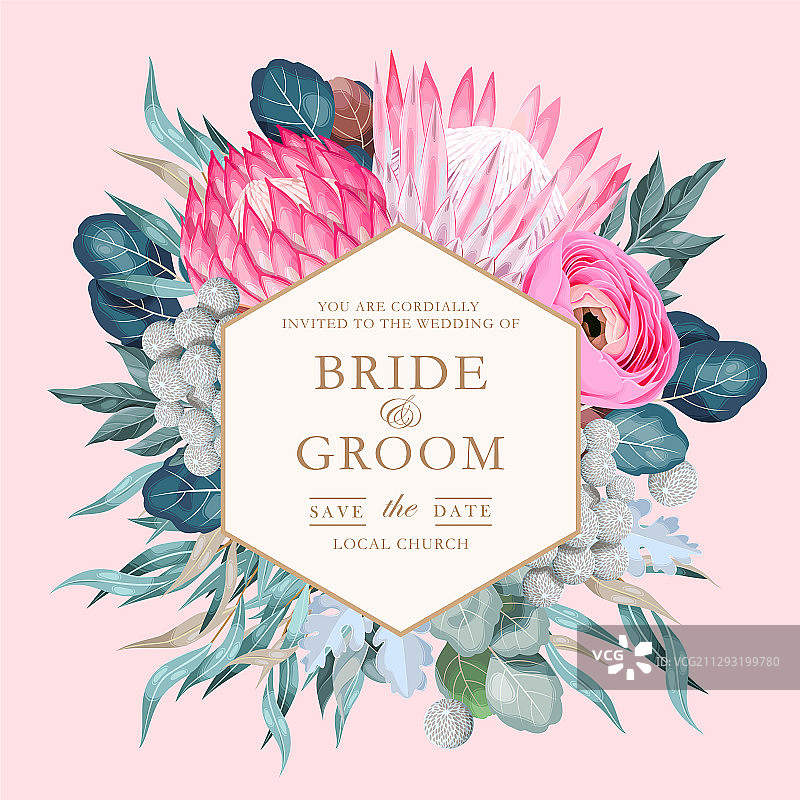 带有鲜花和绿植的复古婚礼卡片图片素材