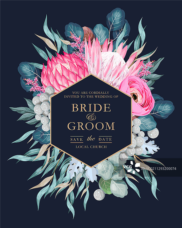 带有鲜花和绿植的复古婚礼卡片图片素材