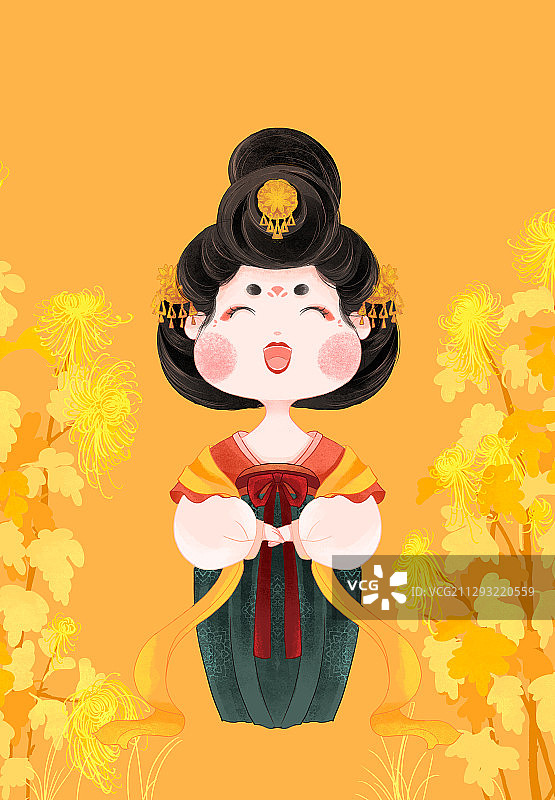 古风唐朝宫女侍女与金丝菊花手绘插画图片素材