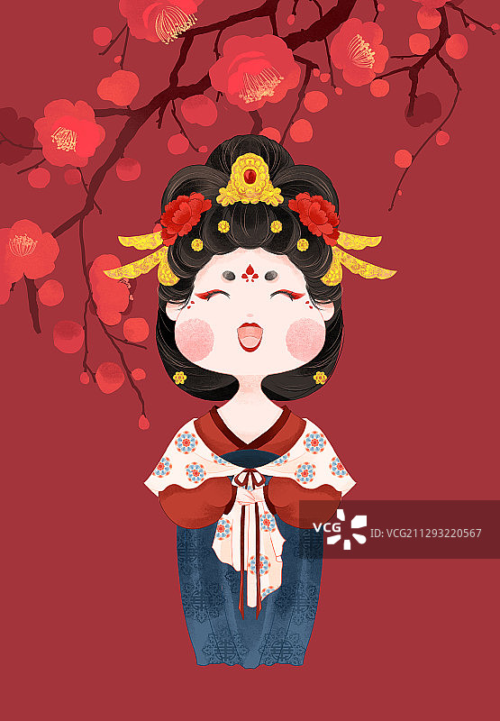 古风唐朝宫女侍女与红梅手绘插画图片素材