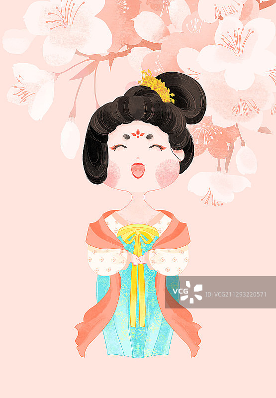 古风唐朝宫女侍女与樱花手绘插画图片素材