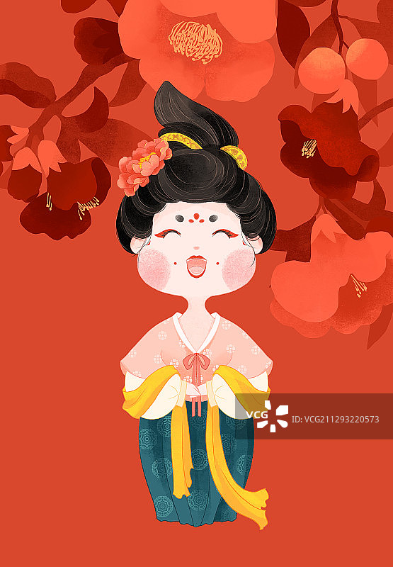 古风唐朝宫女侍女与石榴花手绘插画图片素材