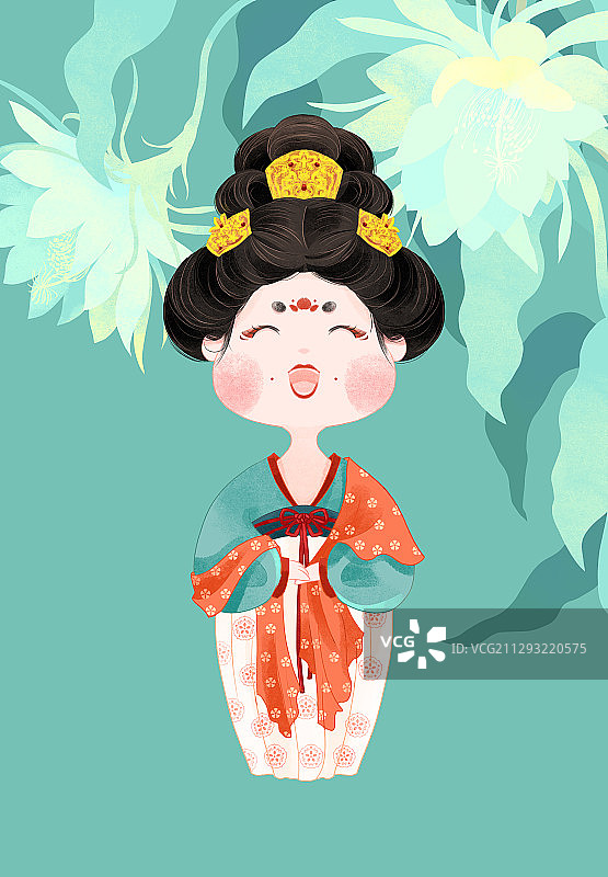 古风唐朝宫女侍女与昙花手绘插画图片素材