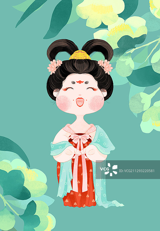 古风唐朝宫女侍女与金花茶手绘插画图片素材