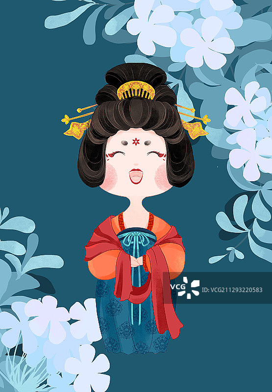 古风唐朝宫女侍女与蓝雪花手绘插画图片素材