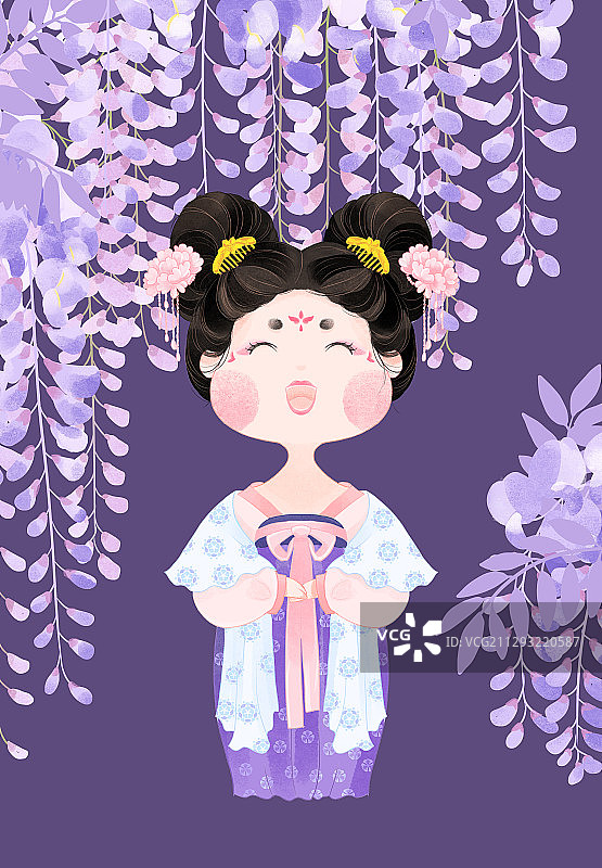 古风唐朝宫女侍女与紫藤花手绘插画图片素材