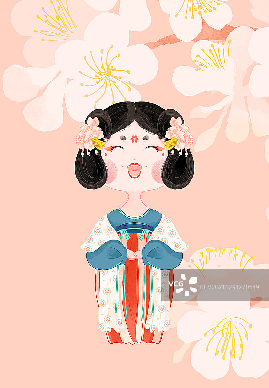 古风唐朝宫女侍女与梨花手绘插画图片素材