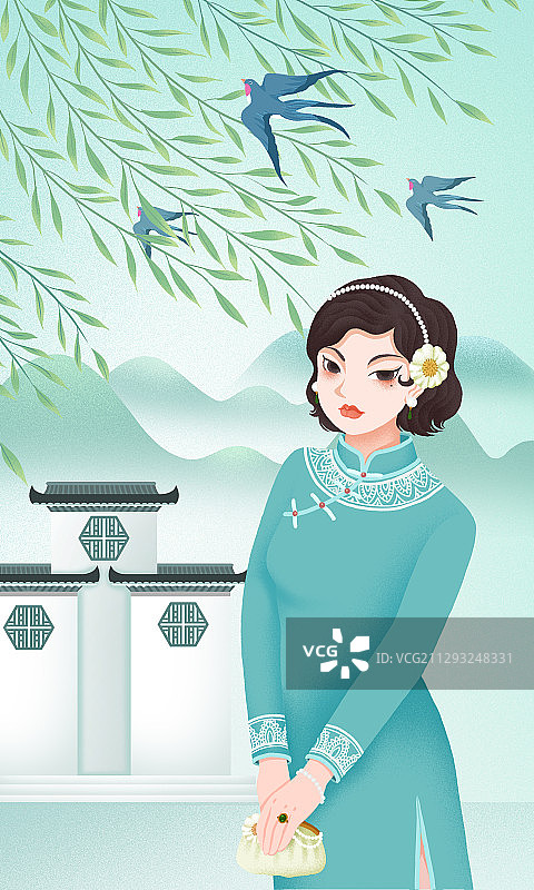 春天柳树下穿旗袍的女人图片素材