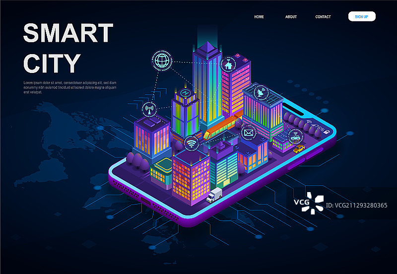 数字设备上的彩色3D智慧城市图片素材