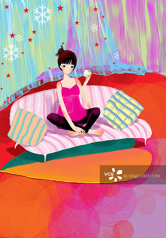 唯美时尚人物插画-坐在沙发上吃苹果图片素材