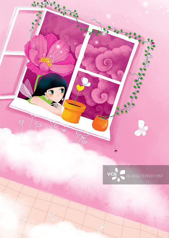 唯美时尚人物插画-趴在窗户上的女孩图片素材
