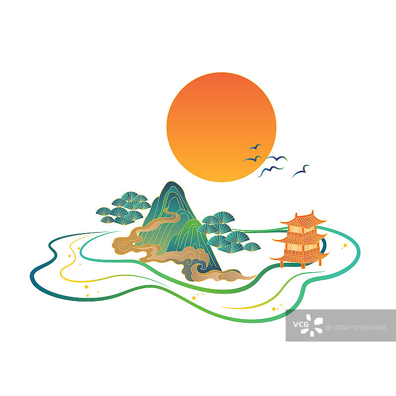 彩色的中国风山水元素组合图片素材