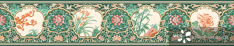 梅兰竹菊祥云仙鹤复古花纹图案图片素材