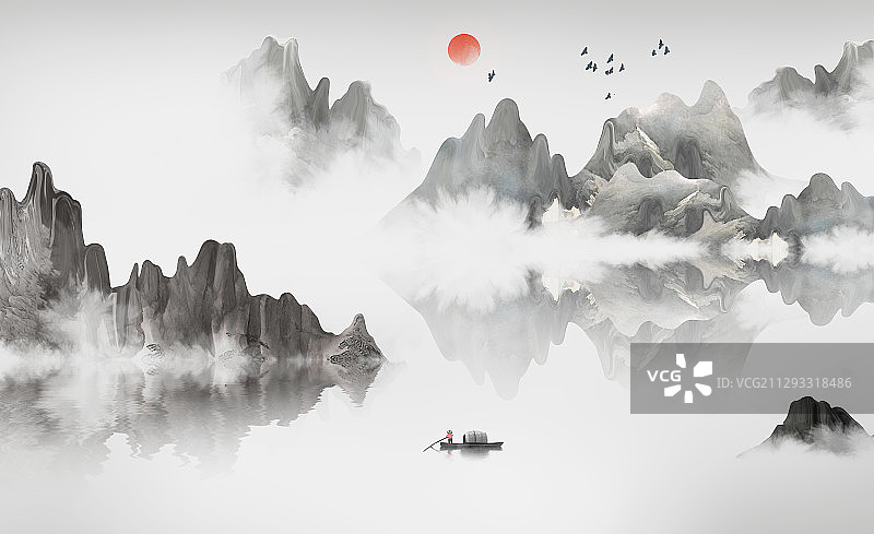 新中式水墨山水画图片素材