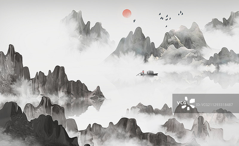 新中式水墨山水画图片素材