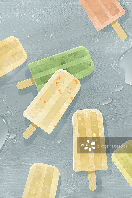 彩色冰棍散落平放在桌面上的插画图片素材