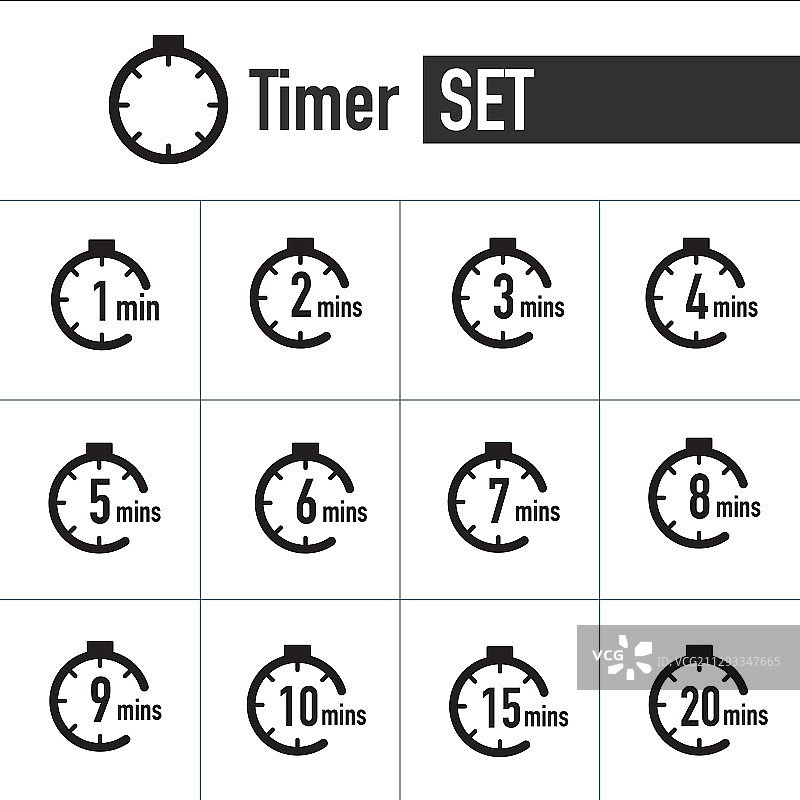 从1分钟到20分钟的时钟定时器图标集图片素材