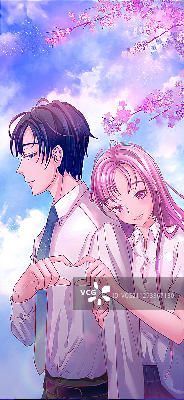 蓝色晴天天空下樱花情侣相拥比心插画图片素材